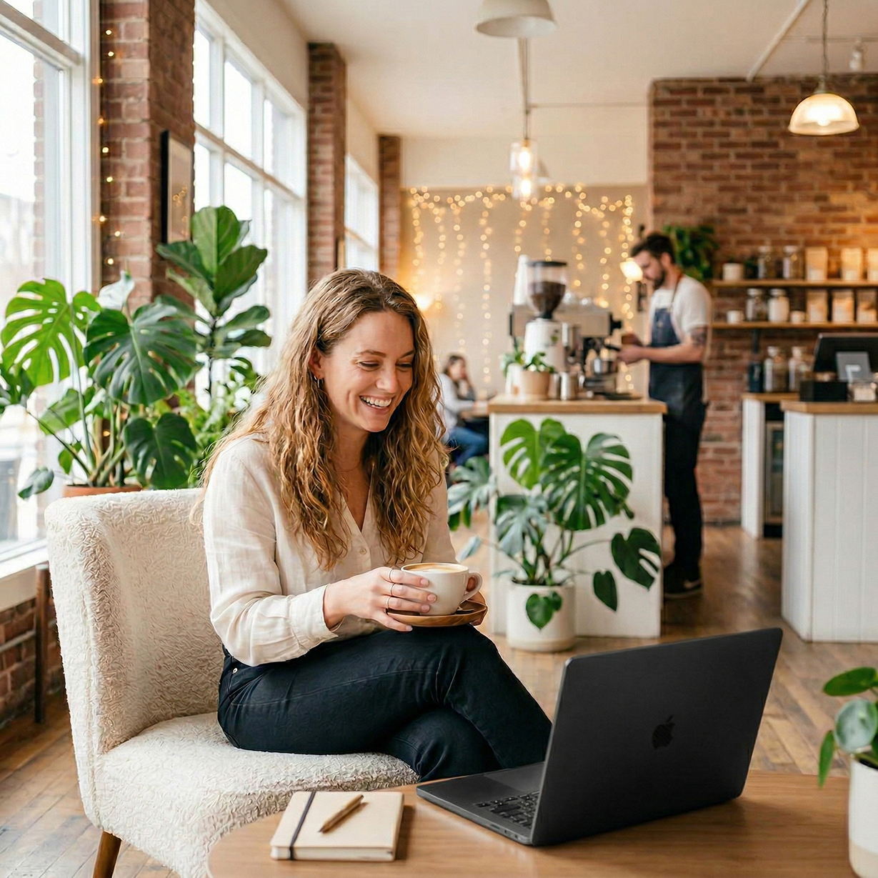 Woman smiling while using her laptop in a cozy café